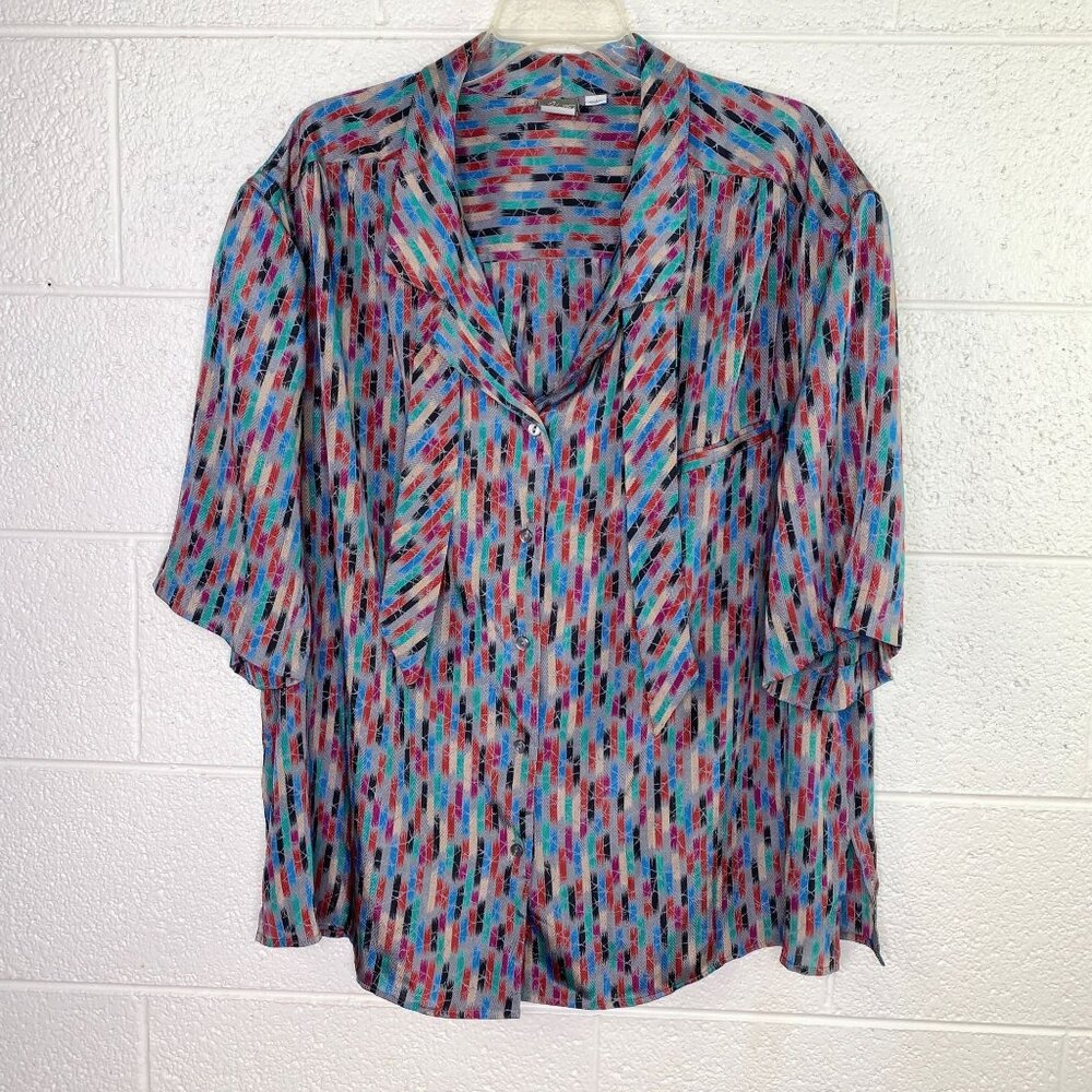 Vintage Pykettes Short Sleeve Blouse Womens 38 18W Gray Multicolor Pattern